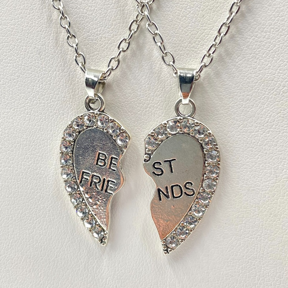 VTG Silver Tone Rhinestone Best Friends Broken Heart 2-Piece Necklace Set Retro